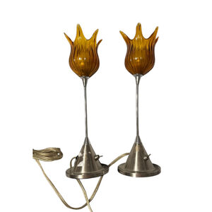 Vintage Mid Century Modern Murano Style Amber Glass Tulip Flame Amber Lamp Set